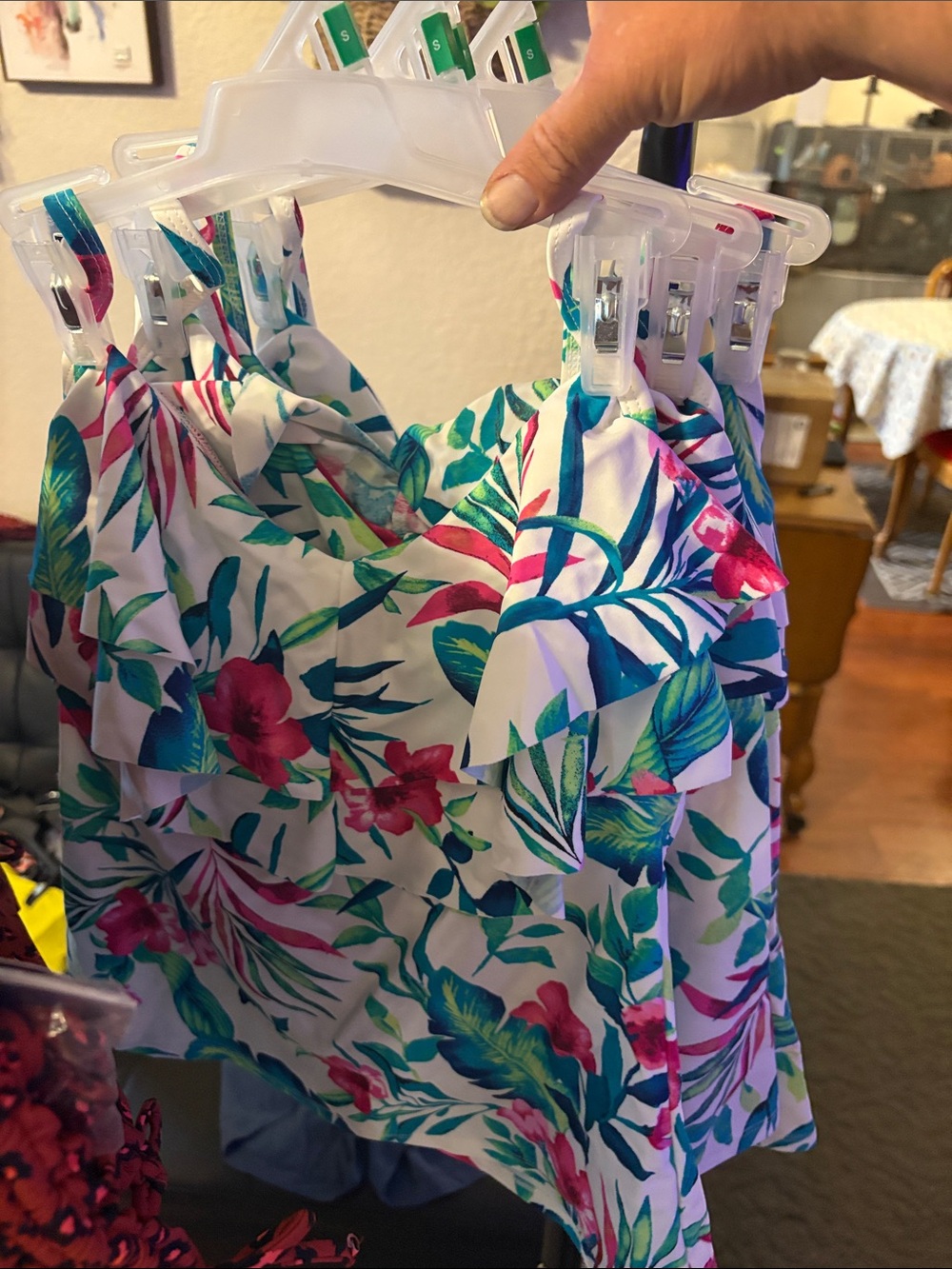dip Tropical Floral Ruffle Swim Camisole - White with Pink & Teal Leaves